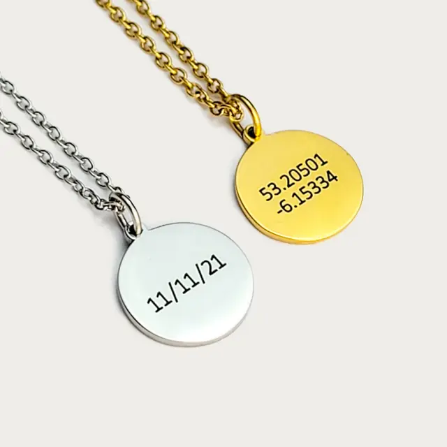 Disc Necklace in Gold and Silver with geocoordinates